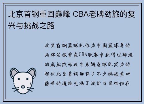 北京首钢重回巅峰 CBA老牌劲旅的复兴与挑战之路